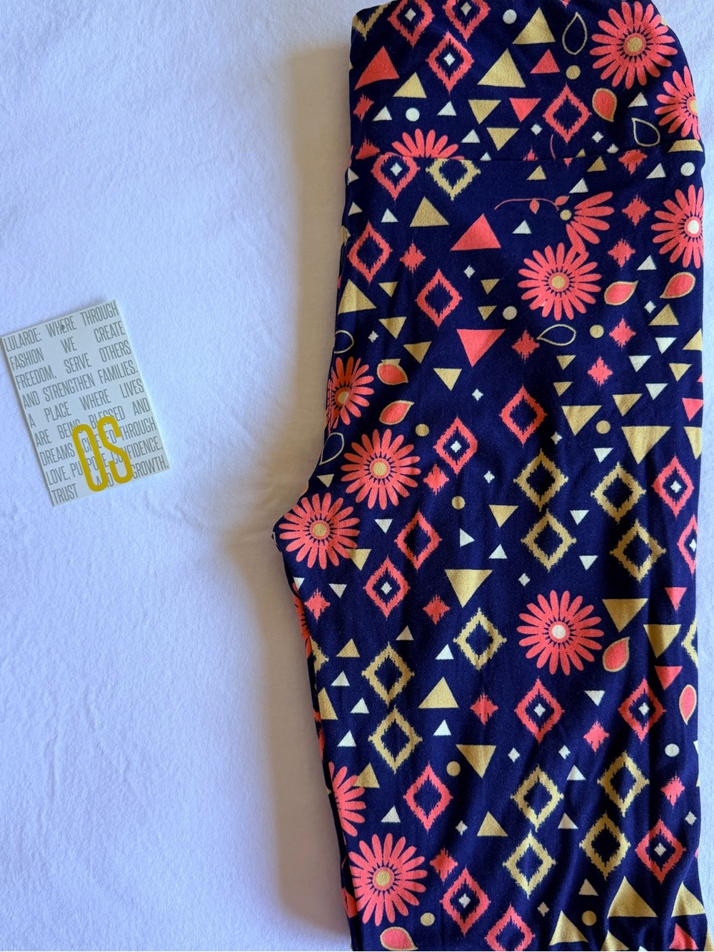LuLaRoe Navy Leggings with Coral Floral & Gold Geometric Print